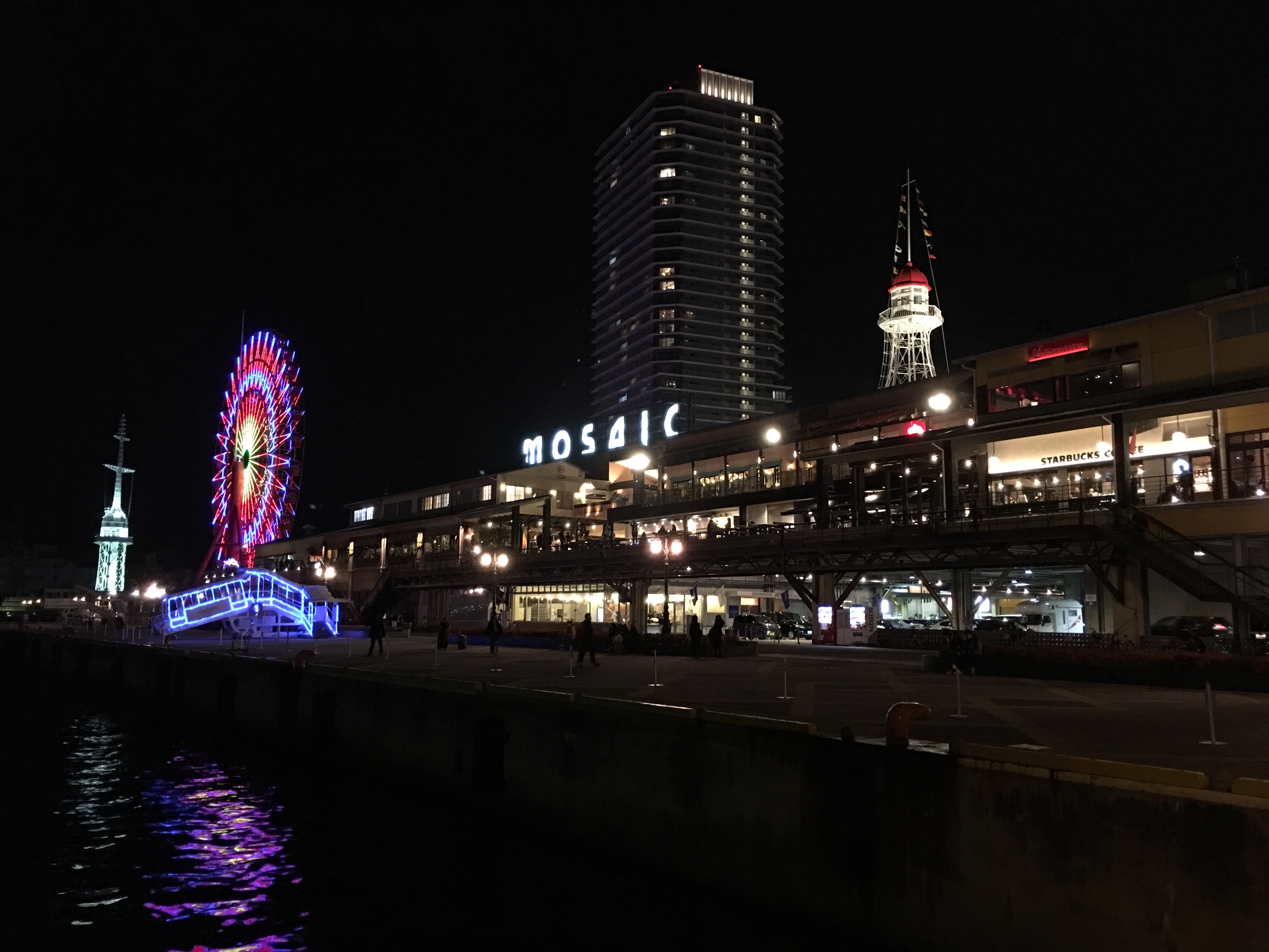 ย่าน Kobe Harborland ริมน้ำโกเบยามค่ำคืนกับชิงช้าสวรรค์ไฟ (ภาพบรรยากาศไฟยามค่ำของโกเบ ไม่ใช่ภาพ Luminarie โดยตรง)