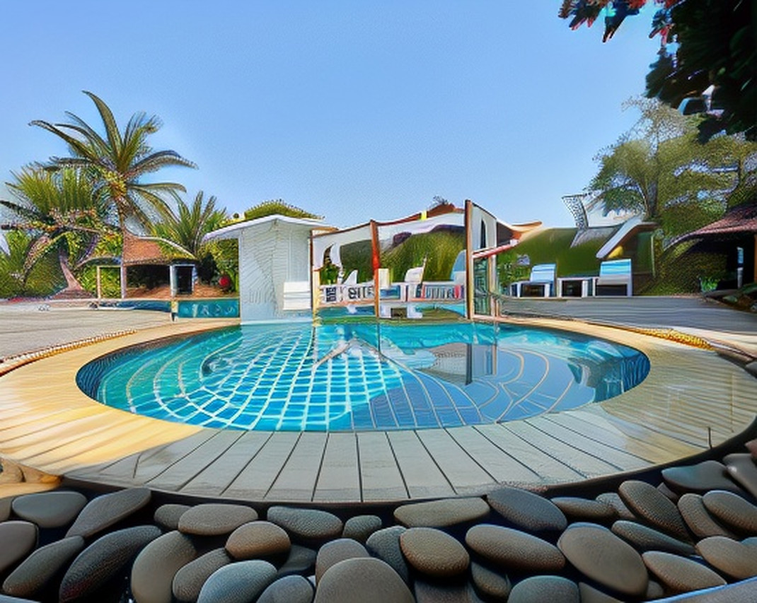 Round swimming pool with a wooden deck surround, framed by garden and palms