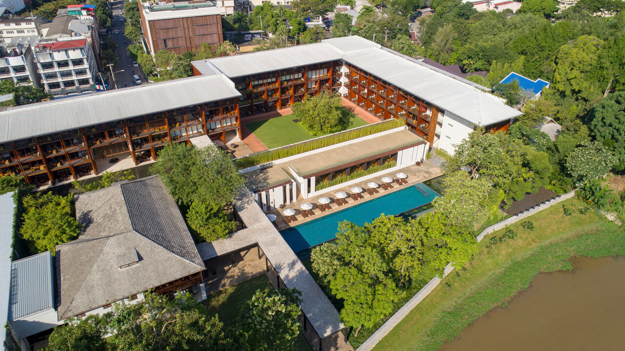 Aerial view of Anantara Chiang Mai Resort beside the Ping River