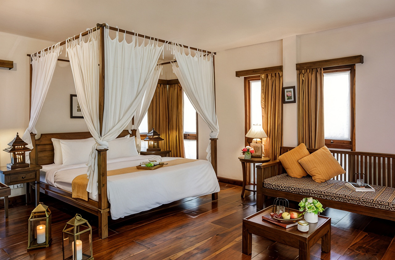 Cottage interior with a four-poster teak bed, wood floors and Lanna decor