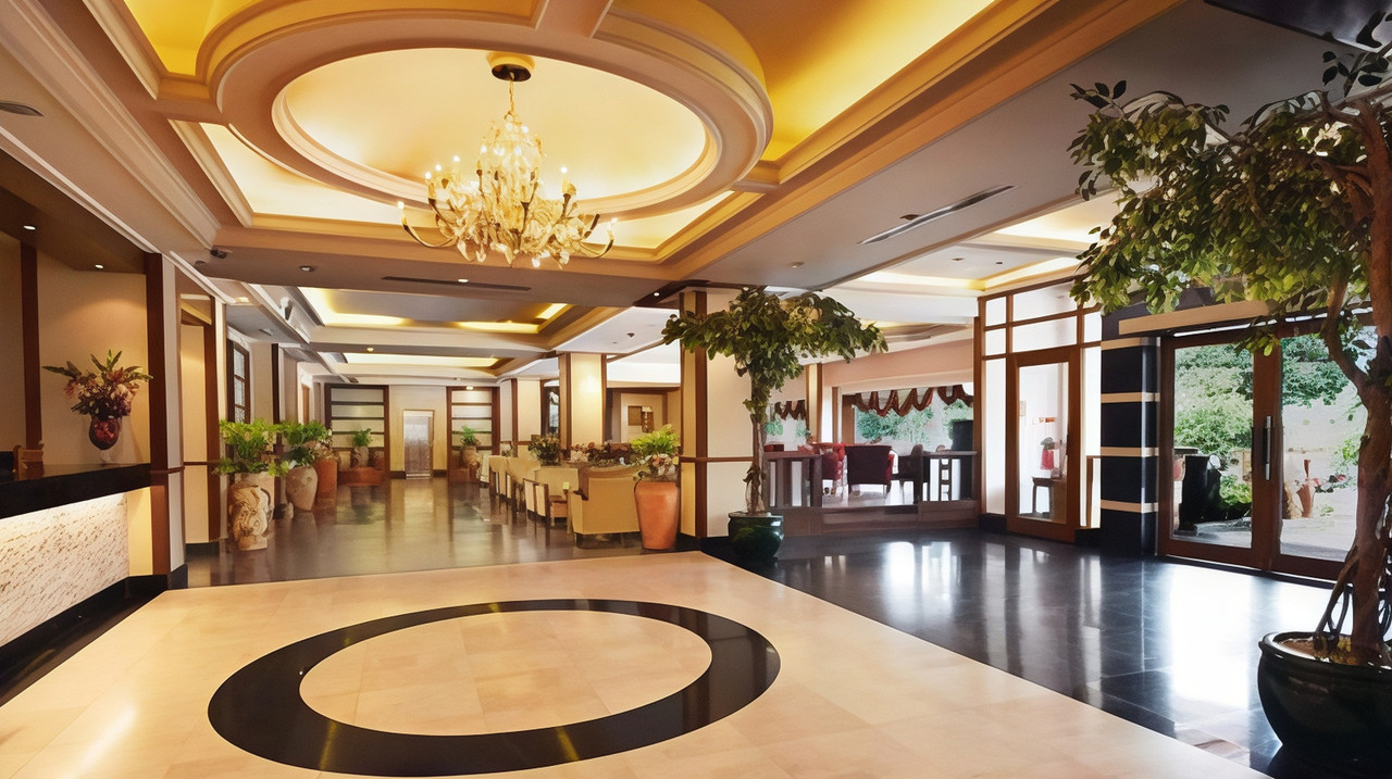 ล็อบบี้โคมระย้ากลางเพดานวงกลม Chakungrao Riverview Hotel