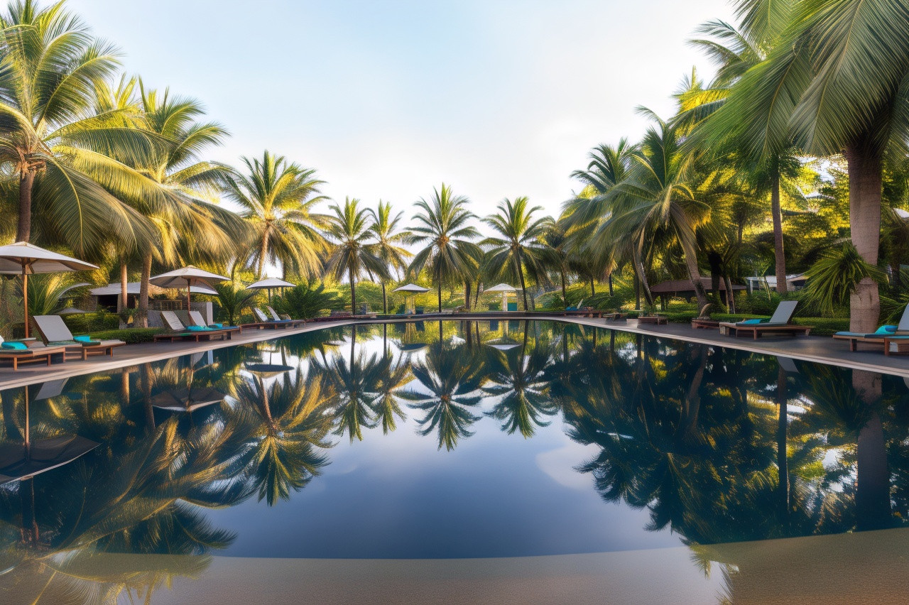 สระว่ายน้ำกลางแจ้งใต้ดงปาล์มที่ Royal River Kwai Resort & Spa