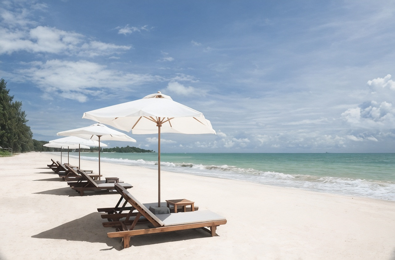 หาดยาว (Phra Ae) หน้ารีสอร์ท ทรายขาว เก้าอี้ไม้สักและร่มสีขาว