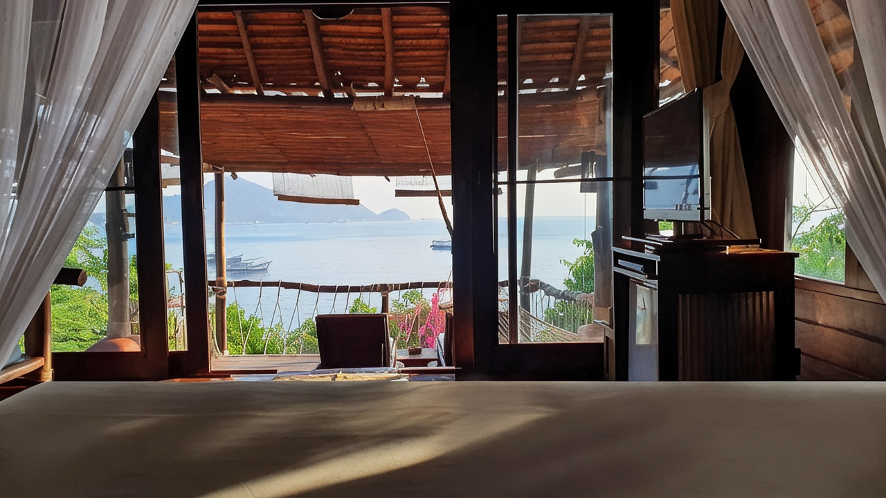 Villa bedroom opening onto a sea-view terrace with hammock and thatched roof
