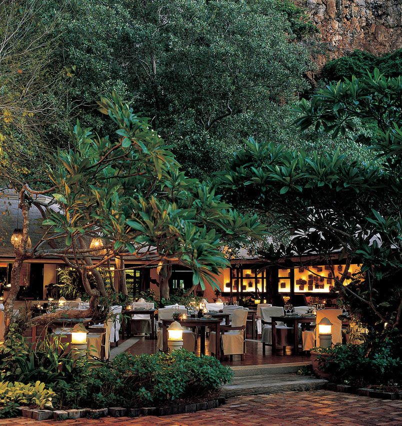 ร้านอาหารกลางแจ้งใต้แสงไฟยามค่ำ ท่ามกลางต้นไม้และหน้าผา