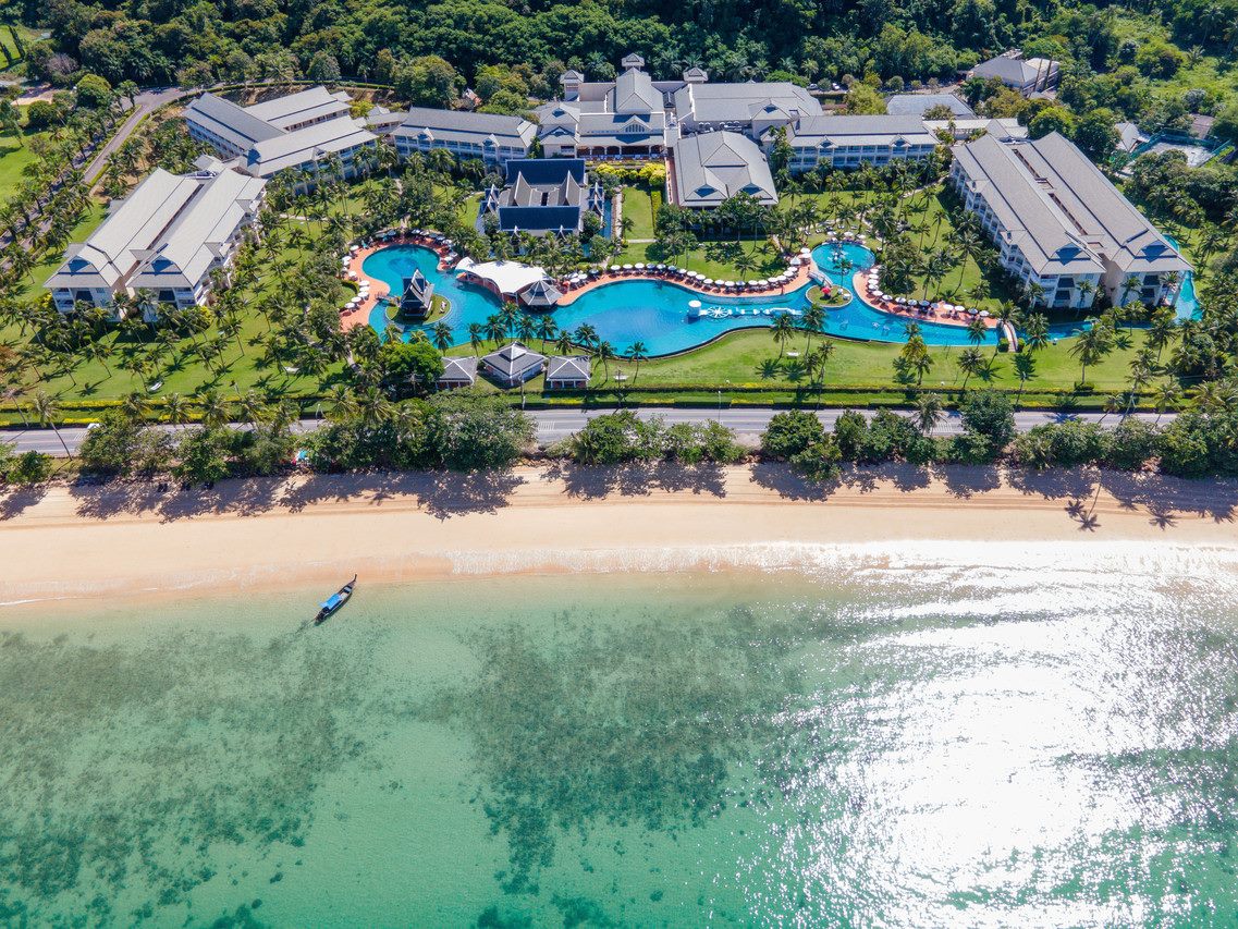 Aerial of the lagoon pool and Klong Muang Beach on the Andaman Sea