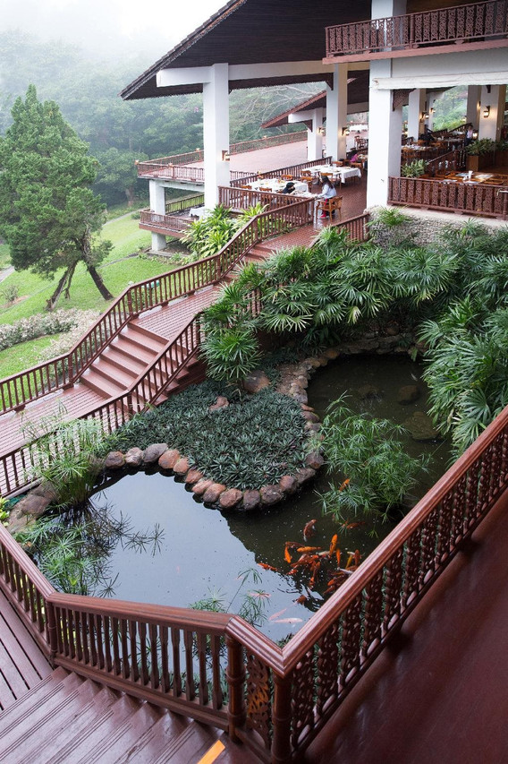 บ่อปลาคาร์ปและสวนลดหลั่นริมเขาในบรรยากาศหมอกของรีสอร์ต