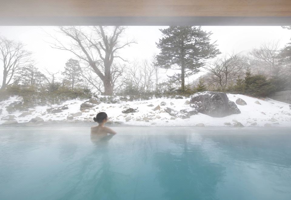ออนเซ็นกลางแจ้ง The Ritz-Carlton Nikko ในฤดูหนาว หิมะปกคลุมป่าและหิน