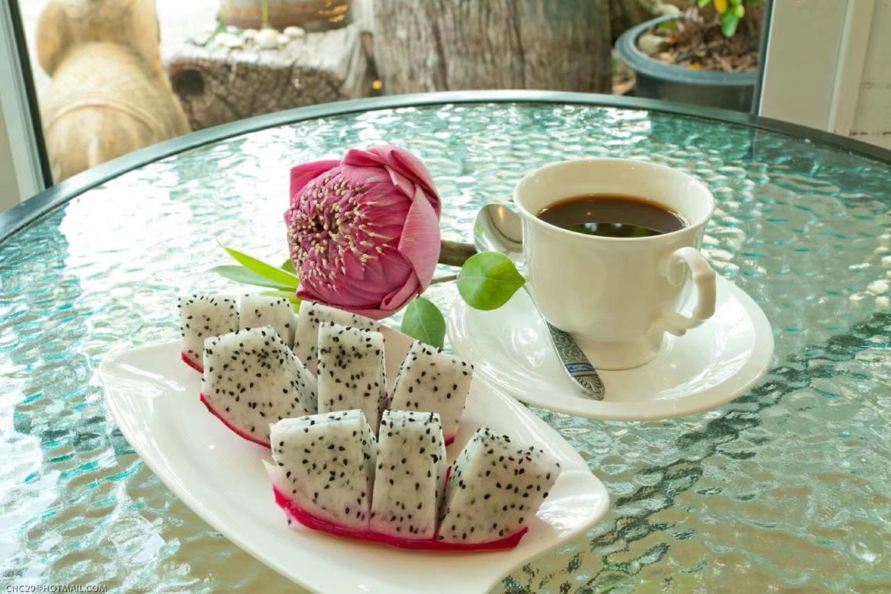 อาหารเช้า กาแฟดำกับแก้วมังกร ดอกบัวบนโต๊ะกระจก