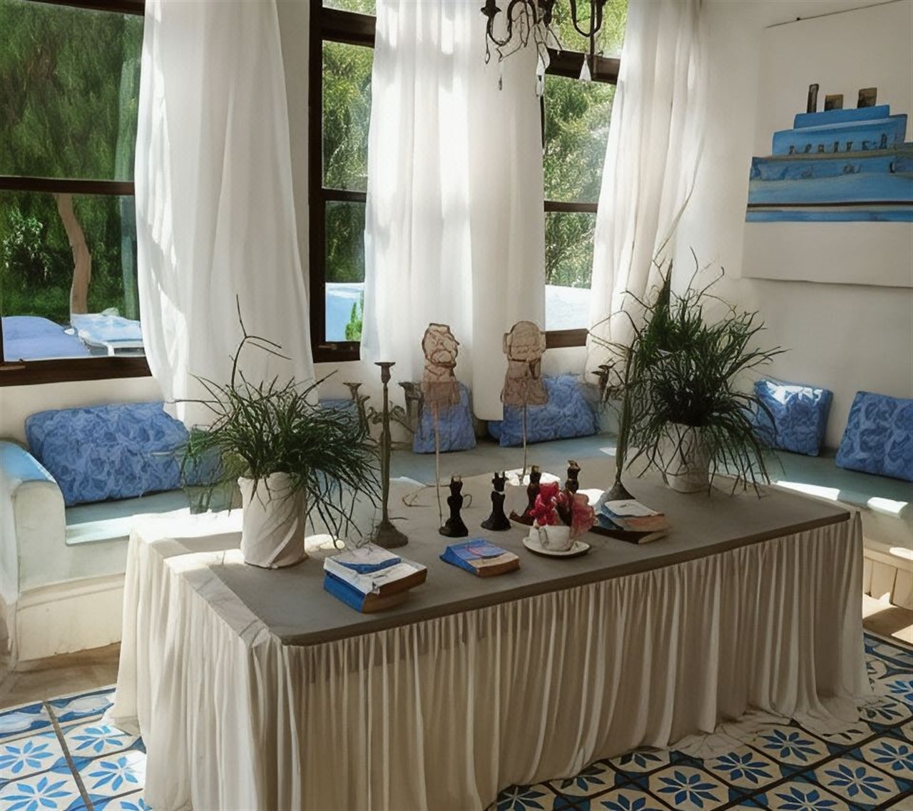 Vintage-styled lounge with antique patterned tiles and white curtains