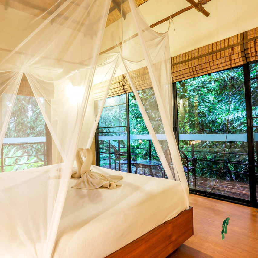 Bungalow room with a mosquito-net canopy bed, parquet floors and large jungle-facing windows