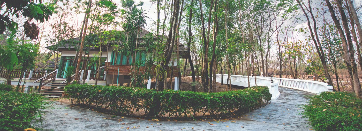 เรือนไม้ในสวนกับทางเดินปูนสีขาวและแนวพุ่มไม้ตัดแต่ง Tak Andaman Hotel